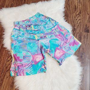 New Horizons 80's Style Multicolor Bermuda Shorts Elastic Waistband Pocket Retro